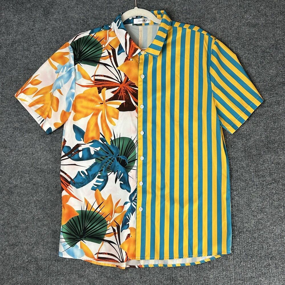 ChArmkp Men's Short Sleeve Polyester Button Up Floral Striped Shirt Size Medium